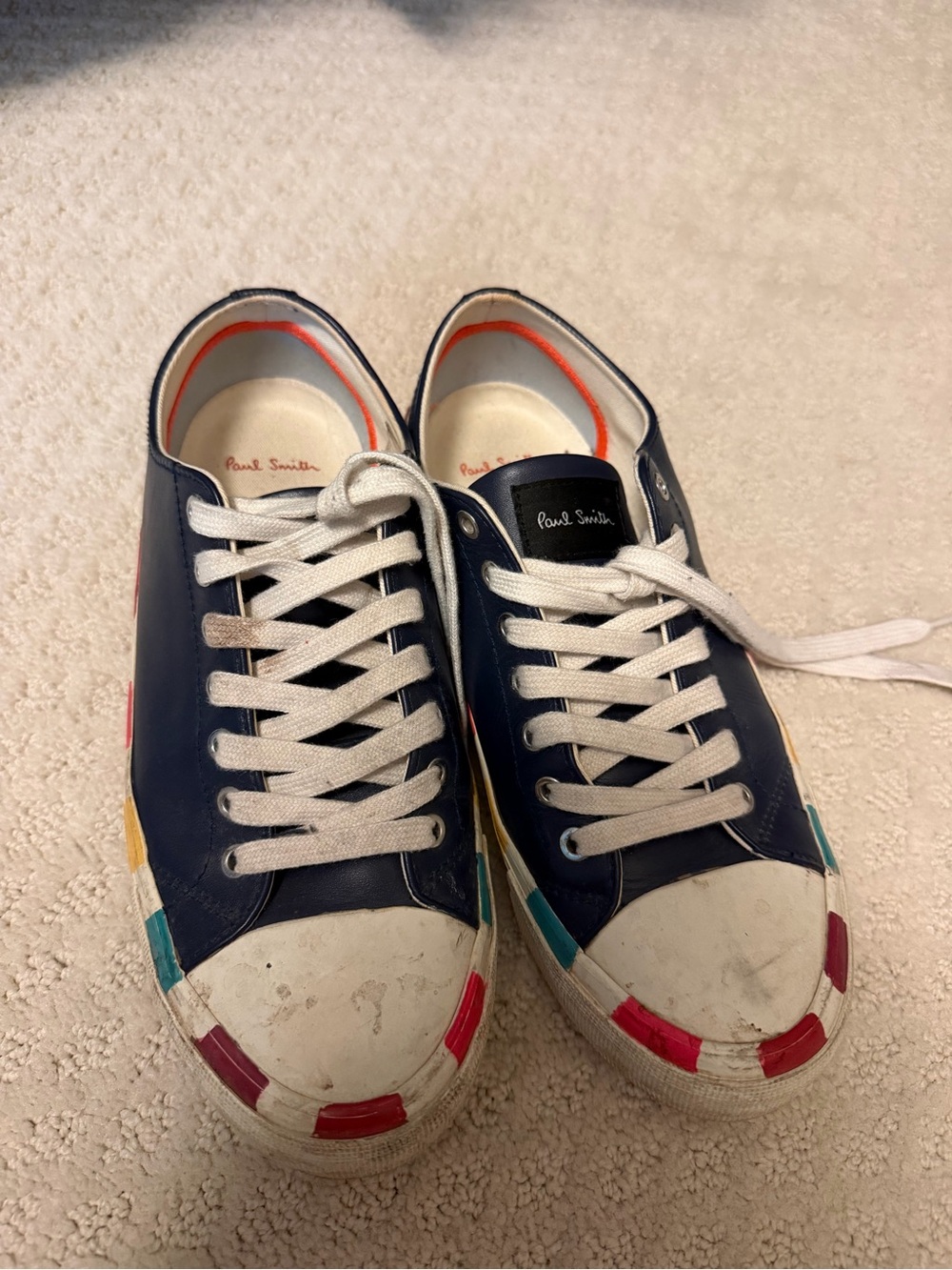 Paul Smith Navy and White Canvas Slip-On Sneakers with Multicolor Sole Accents